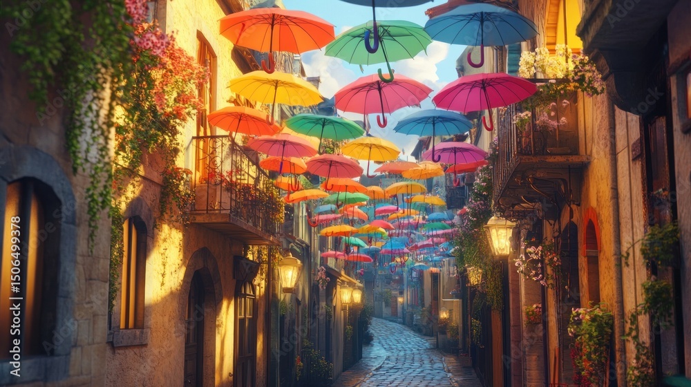 Fototapeta premium Colorful umbrella decorated alleyway