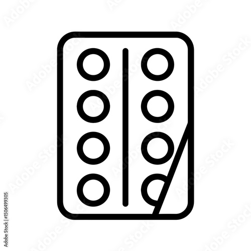Minimalist line icon of blister pack with round pills, representing medication packaging, pharmaceutical product, health care supply, medical treatment