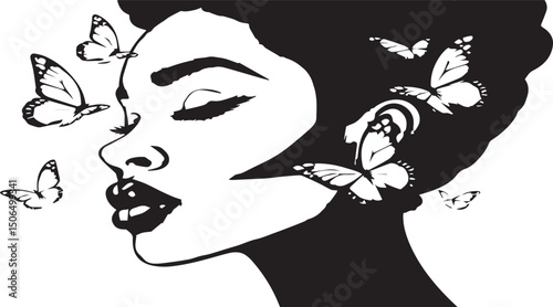 Black woman silhouette with flying butterflies