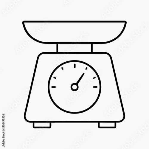 Line icon of retro analog kitchen scale with dial gauge, symbolizing ingredient measurement, home baking accuracy, culinary portion balancing, nutritional control