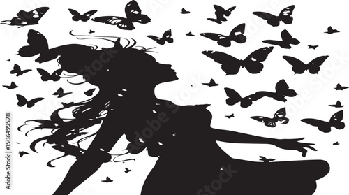 Black woman silhouette with flying butterflies