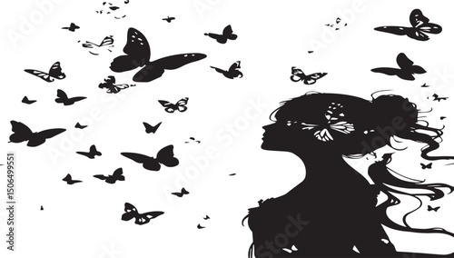 Black woman silhouette with flying butterflies