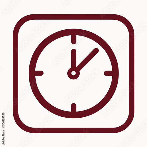 Simple wall clock icon showing early morning time, minimal round clockface with hour and minute hands, square frame outline, concept of punctuality and time management