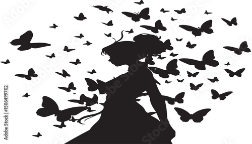 Black woman silhouette with flying butterflies