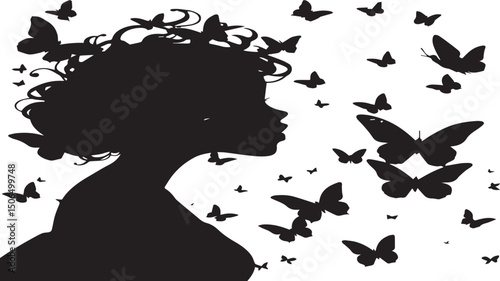 Black woman silhouette with flying butterflies