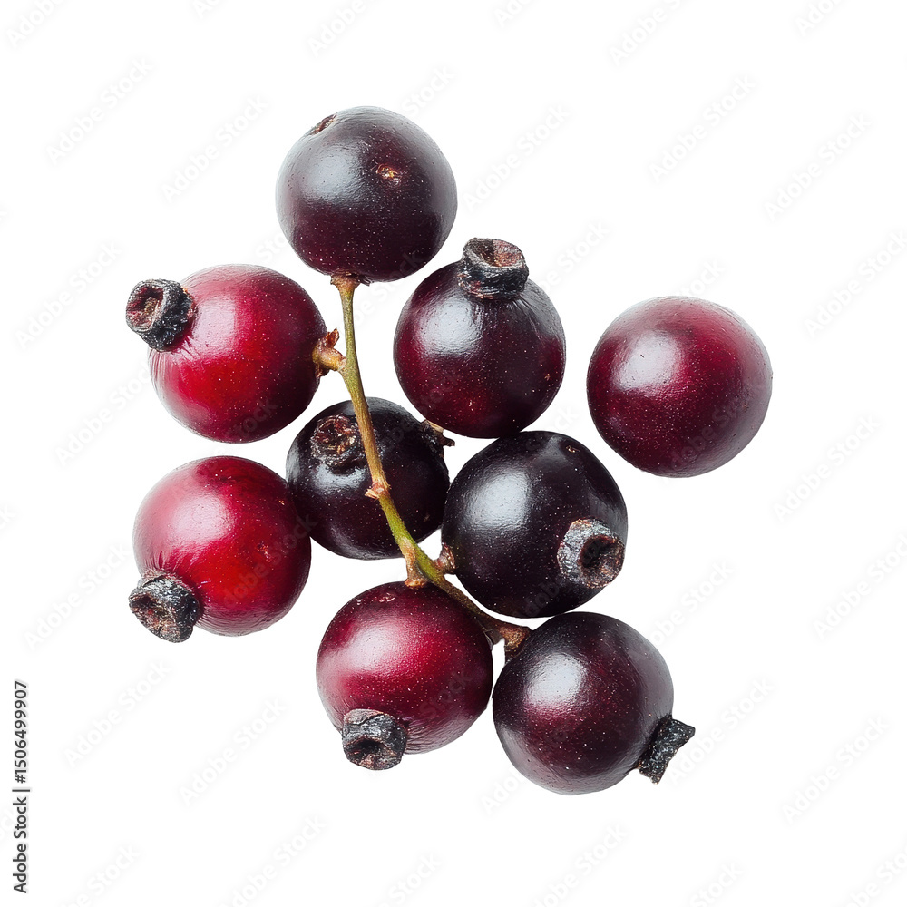 Fototapeta premium Fresh Bengal currants shown on a white background with natural lighting highlighting their dark red color, Carissa carandas Linn or Bengal currants, Karanda Carunda fruits on white background