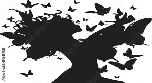 Black woman silhouette with flying butterflies