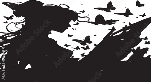 Black woman silhouette with flying butterflies