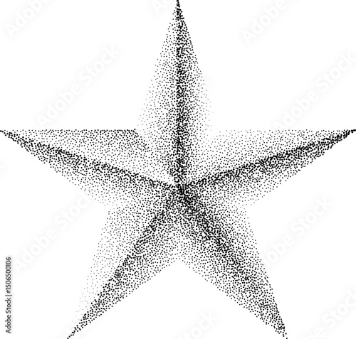 Abstract black stipple gradient halftone star, dotted textures on isolated background. Geometric noise star shaped, patterns are made of simple dots and grains. Stipple dotted star illustration