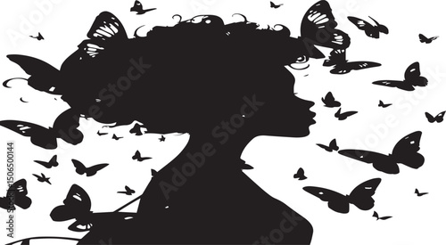 Black woman silhouette with flying butterflies