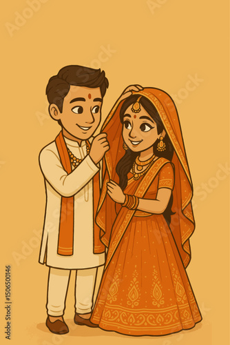 Indian wedding couple character bride and groom vector