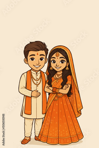 Indian wedding couple character bride and groom vector