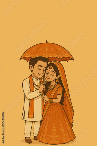 Indian wedding couple character bride and groom vector