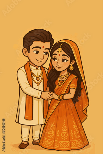 Indian wedding couple character bride and groom vector