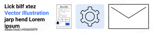 Billing receipt with notification, gear icon, and envelope symbolize payment, system management, and communication. Ideal for finance, business, automation, email marketing notifications