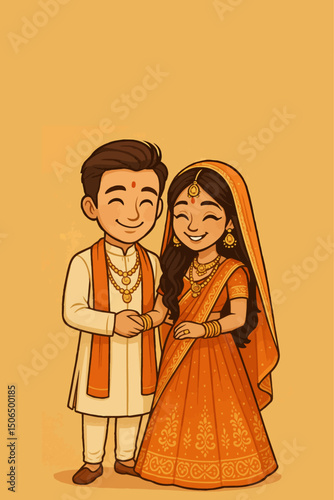 Indian wedding couple character bride and groom vector