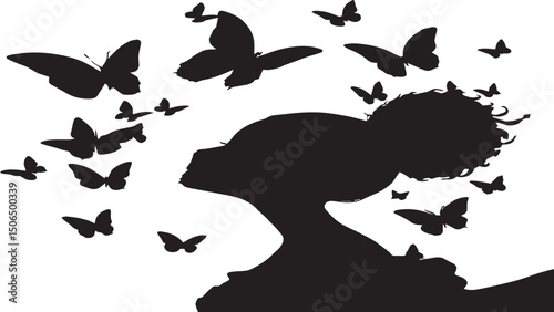 Black woman silhouette with flying butterflies