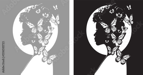 Black woman silhouette with flying butterflies