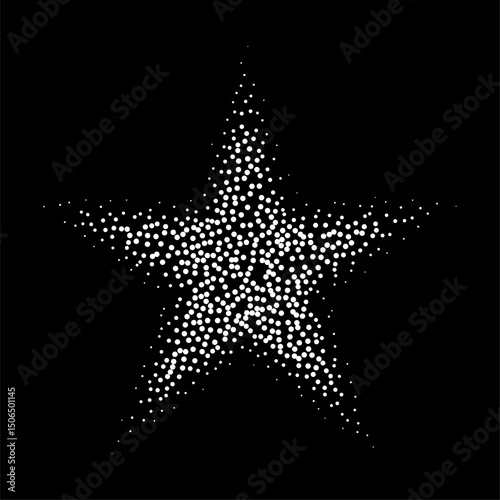 Abstract white stipple gradient halftone star, dotted textures on isolated background. Geometric noise star shaped, patterns are made of simple dots and grains. Stipple dotted star illustration