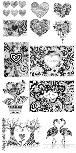 Black and white doodle heart art collection