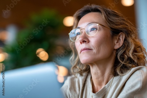 A woman wearing glasses looking up at a laptop computer