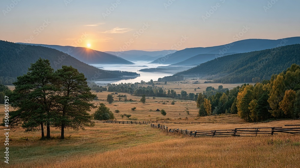 Obraz premium Sunrise over a valley with a misty lake and rustic wooden fence.