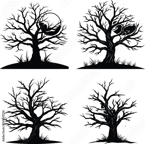 Spooky halloween trees silhouette collection with full moon bats and scary design