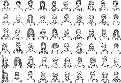 Diverse group of people headshots black and white illustrations