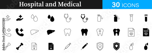Minimalist Hospital and medical lineal, fill icon set. Hospital and medical icon, hospital,medical,icon,minimalist,health,doctor,clinic,medicine,emergency,care,patient,firstaid,symbol,healthcare, more
