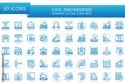 Civil engineering gradient outline icon pack. Contain abutment, blueprint, builder, cantilever, concrete, compactor, gabion and more. Vector for industry, construction, UI, UX, web and app development