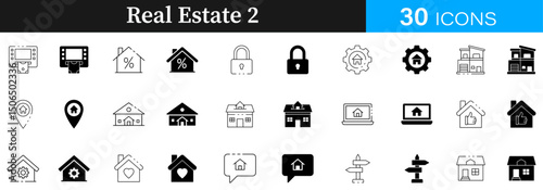 Minimalist Real Estate lineal, fill icon set. realestate, minimalist, house, home, property, building, apartment, architecture, residential, estate, rent, buy, sale, lineal, fill, design. Template.
