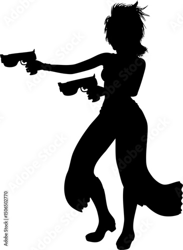 Silhouette of an armed female warrior running with a weapon. Dynamic silhouette of a strong female warrior running with a pistol in hand. Girl with gun in action, combat pose, sci-fi hero silhouette