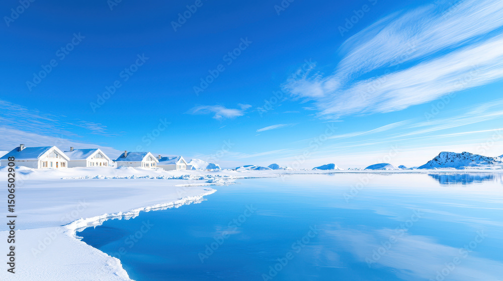 Fototapeta premium Serene arctic landscape showcasing tranquil blue lake surrounded by snow covered mountains and cozy cabins