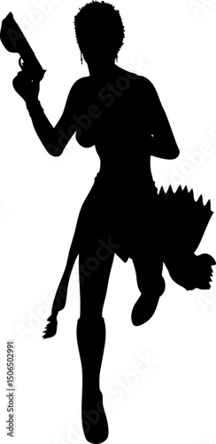 Silhouette of an armed female warrior running with a weapon. Dynamic silhouette of a strong female warrior running with a pistol in hand. Girl with gun in action, combat pose, sci-fi hero silhouette