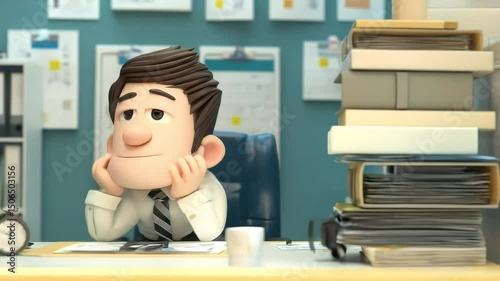 Tired animated office worker surrounded by piles of paperwork