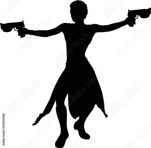 Silhouette of an armed female warrior running with a weapon. Dynamic silhouette of a strong female warrior running with a pistol in hand. Girl with gun in action, combat pose, sci-fi hero silhouette