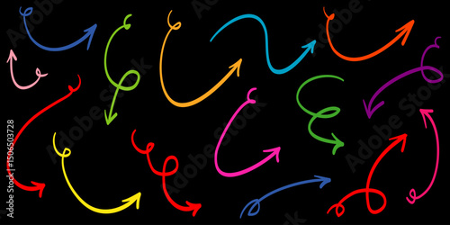 hand drawn Arrows icons Set. arrow icon with various directions. Doodle design element. isolated on a black background