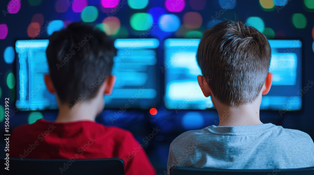Fototapeta premium Two children sitting front of computer screens, engaged online activities, with colorful lights background creating vibrant