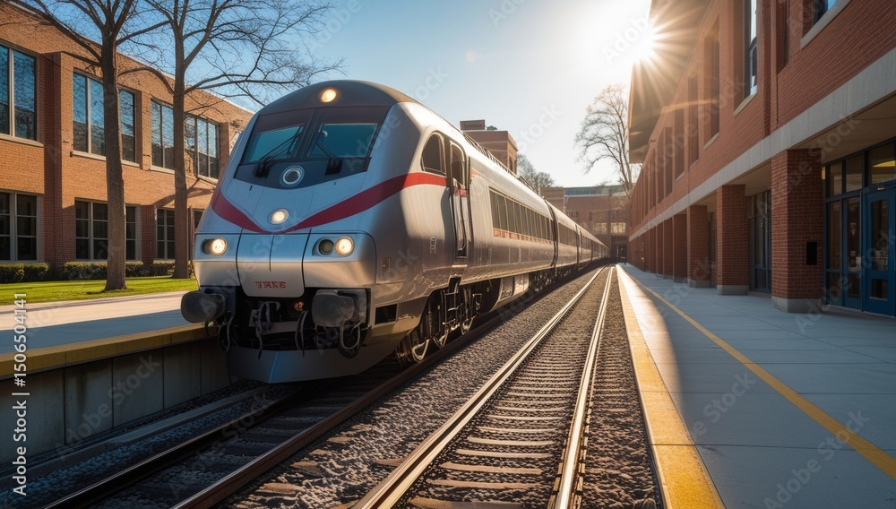 Naklejka premium High Speed Passenger Train Arriving at Station Platform on a Sunny Day