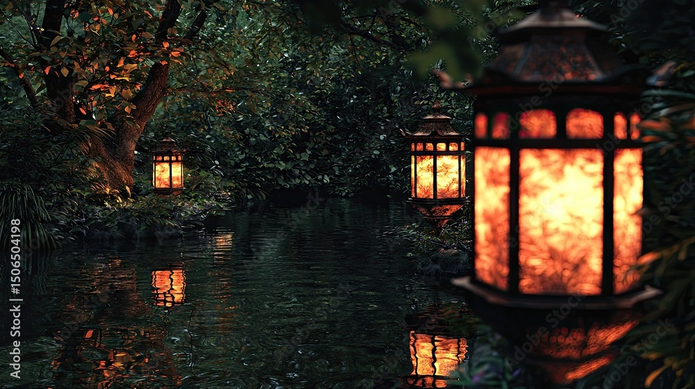Fototapeta premium Illuminated lanterns near a tranquil waterway.