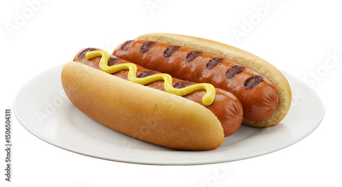 Isolated Photo of Two Grilled Hot Dogs with Mustard on a Plate