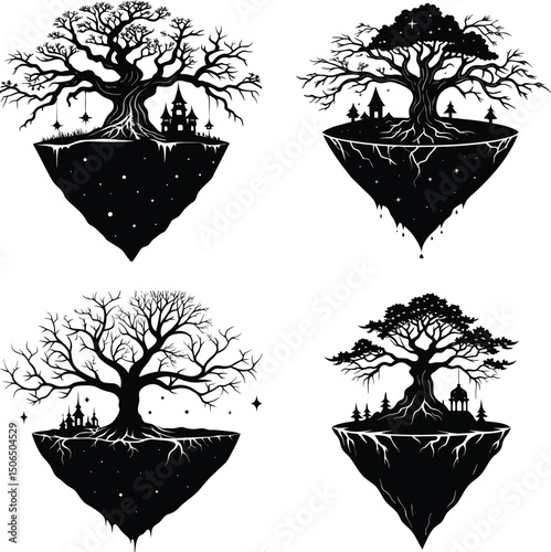 Four fantasy floating islands with trees and structures in black and white