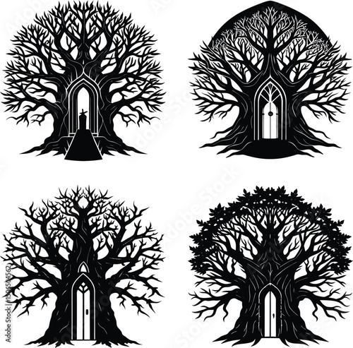 Black and white illustration of enchanted trees with doorways and silhouette figures