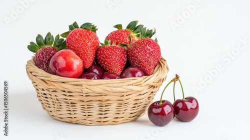 Fresh strawberries and cherries in woven basket create vibrant and inviting display of fruit