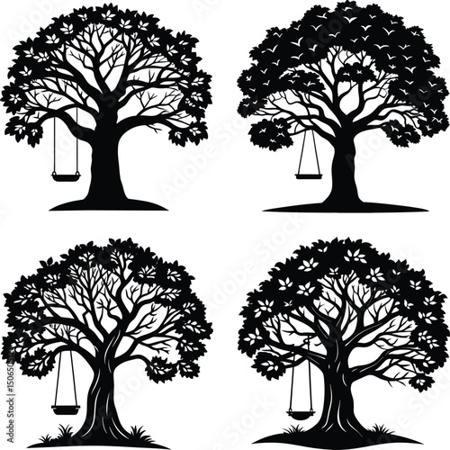 Set of four tree silhouettes with swings black and white illustration