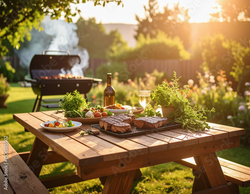 Rustic Outdoor Barbecue Scene with Grilled Steaks and Herbs at Golden Hour
