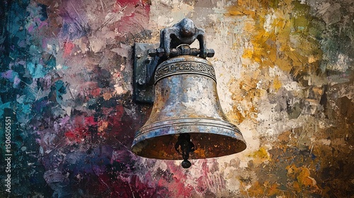 Aged bell on a colorful, textured wall.