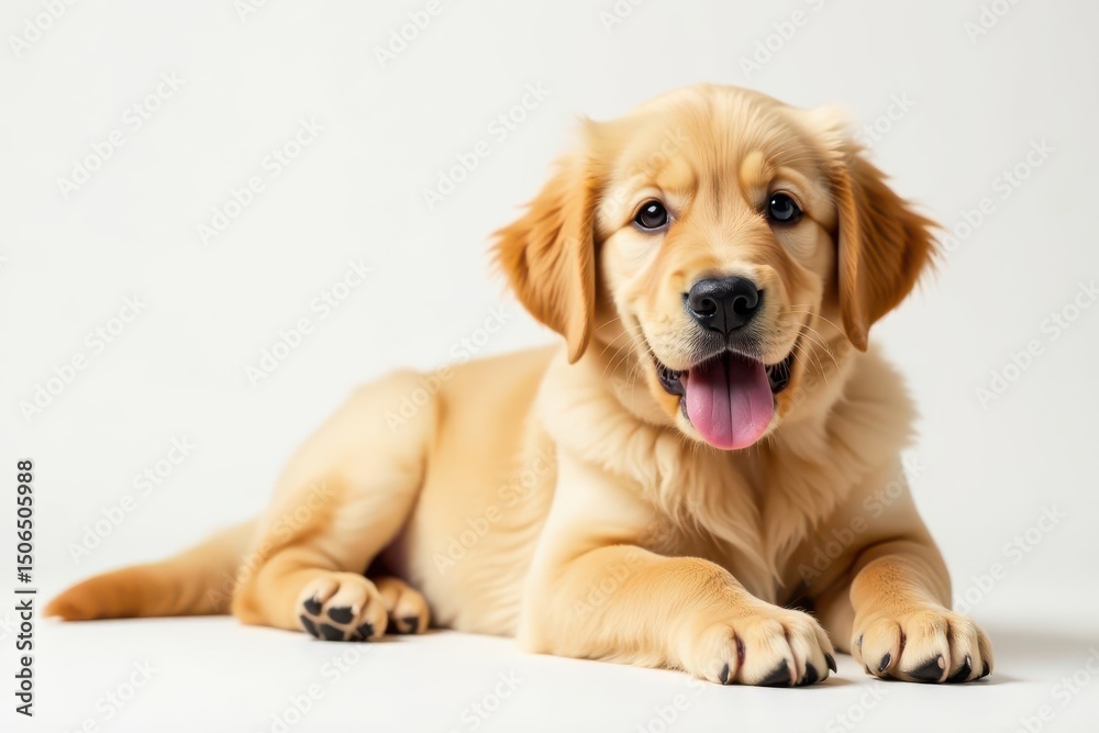 Fototapeta premium Golden retriever puppy lies down on white backdrop, cute, puppy