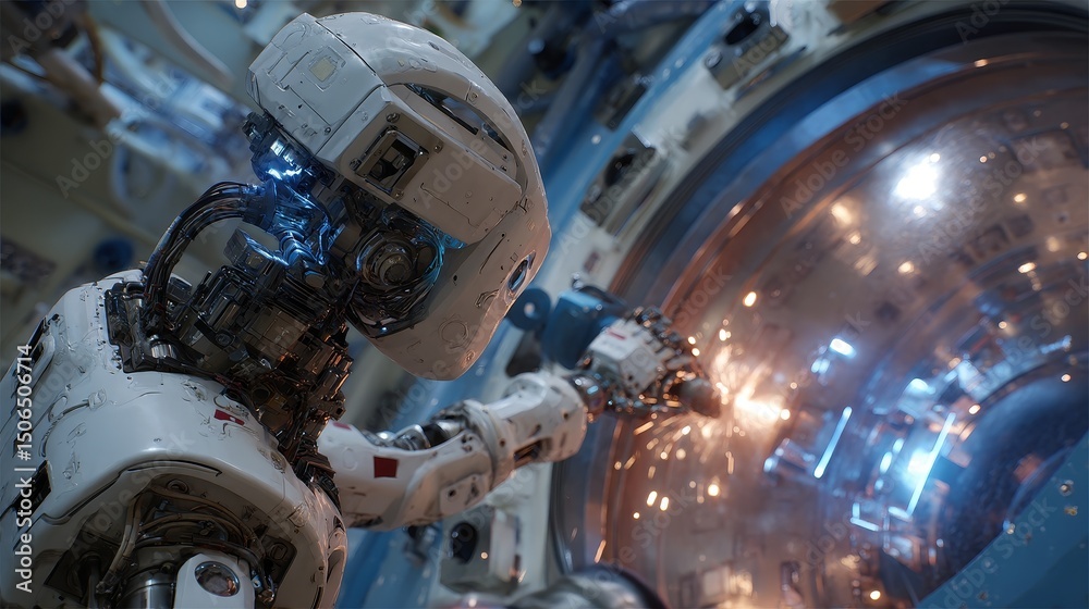Fototapeta premium Close-up of bionic robotic arm replacing tungsten alloy wall modules in nuclear fusion reactor with precise joints, blue plasma glow, sparks, heat distortion, and advanced automation technology.