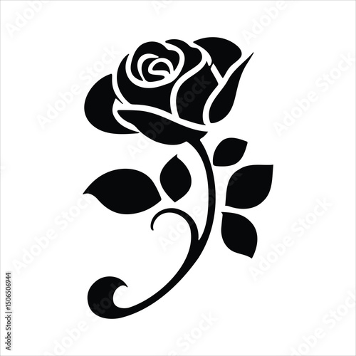 Black and white vector illustration of a black rose with floral design elements